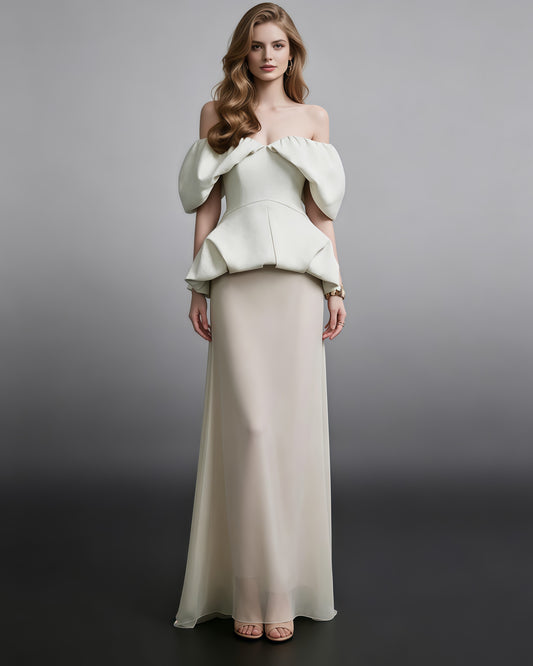 Green Off Shoulder Peplum Top Maxi Skirt Elegant Set
