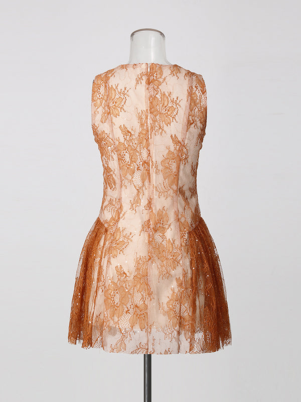 Orange Bow Sleeveless Sequin Lace Mini Dress