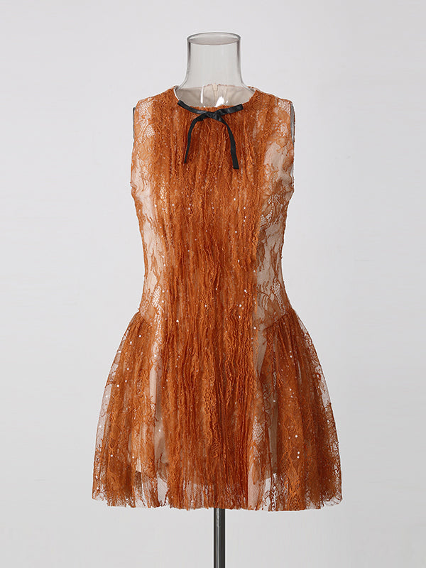 Orange Bow Sleeveless Sequin Lace Mini Dress