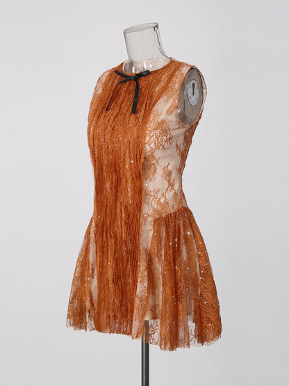 Orange Bow Sleeveless Sequin Lace Mini Dress