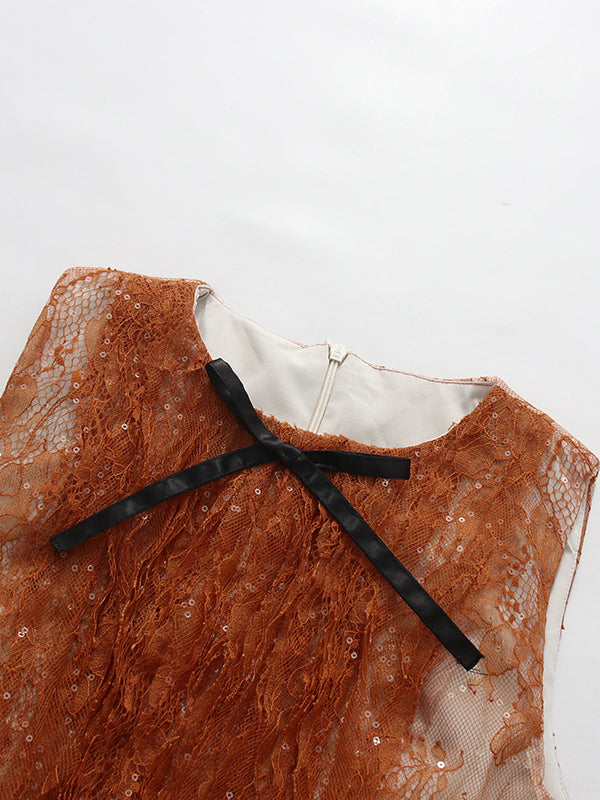 Orange Bow Sleeveless Sequin Lace Mini Dress