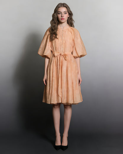 Orange Bowknot Puff Sleeve Mini Dress