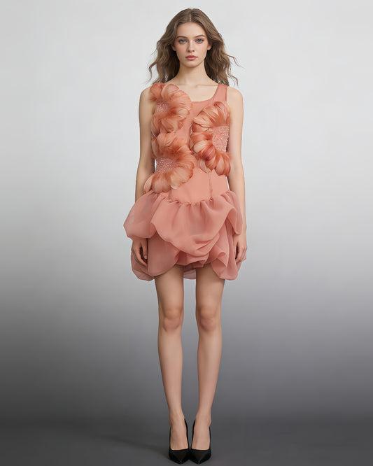 Orange Feather & Rhinestone Bubble Mini Dress