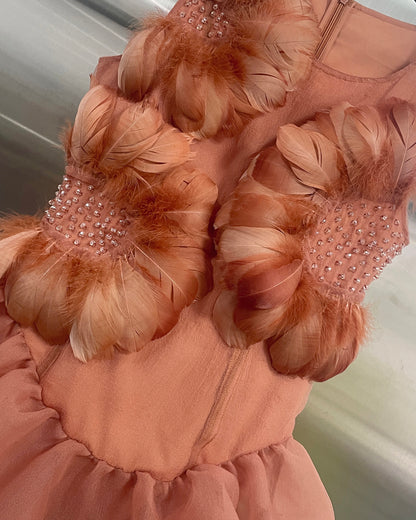 Orange Feather & Rhinestone Bubble Mini Dress