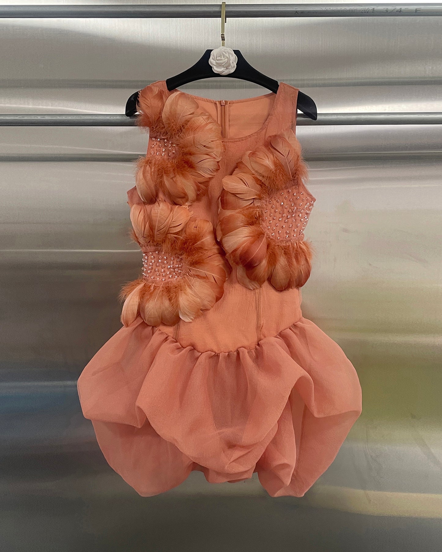 Orange Feather & Rhinestone Bubble Mini Dress