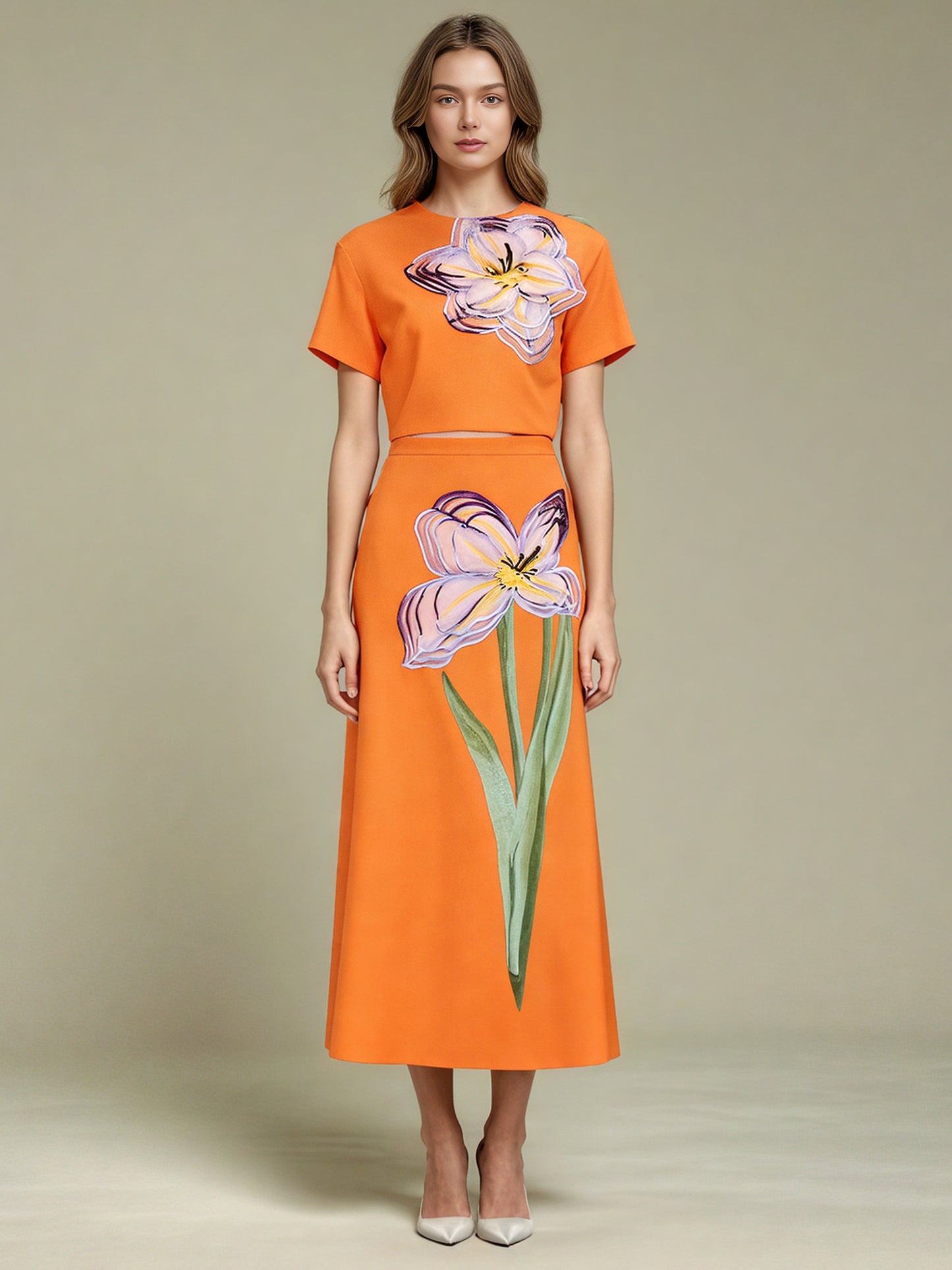 Orange Floral Appliqué Crop Top & Midi Skirt Set