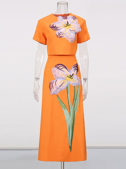 Orange Floral Appliqué Crop Top & Midi Skirt Set