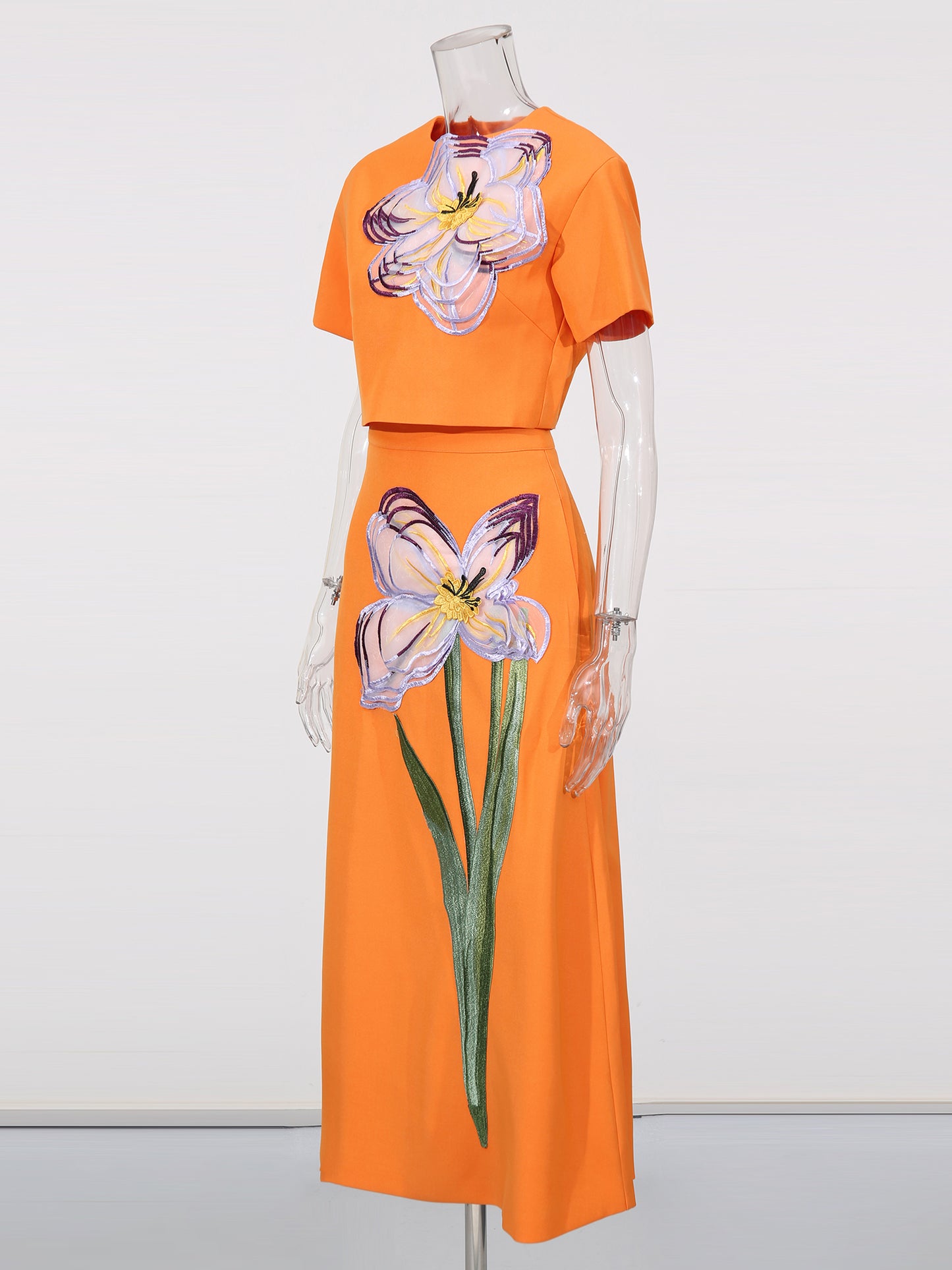 Orange Floral Appliqué Crop Top & Midi Skirt Set