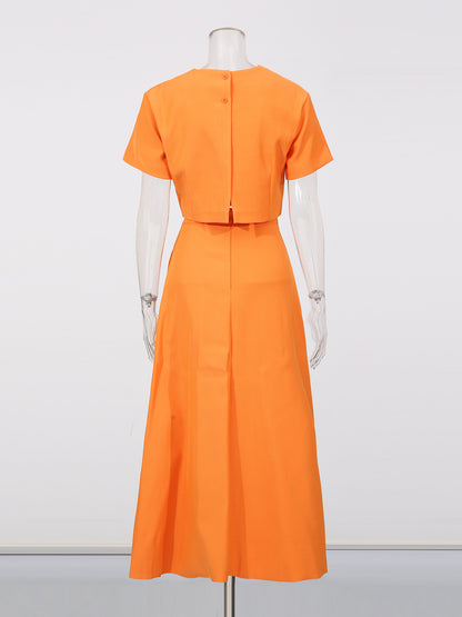 Orange Floral Appliqué Crop Top & Midi Skirt Set