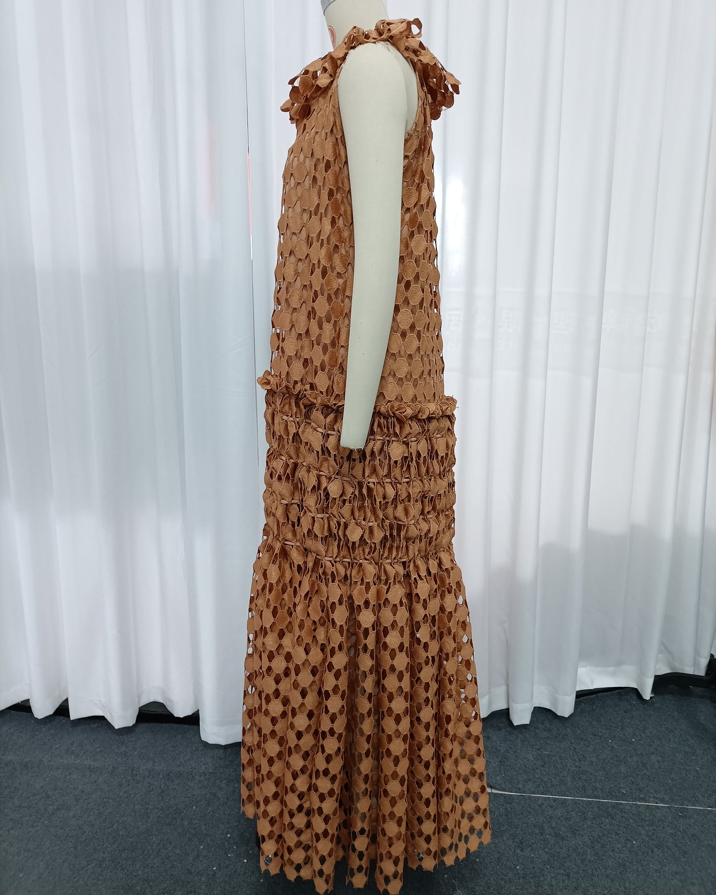 Orange Floral Neckline Crochet Tiered Maxi Dress