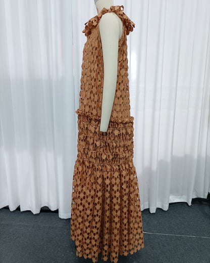 Orange Floral Neckline Crochet Tiered Maxi Dress