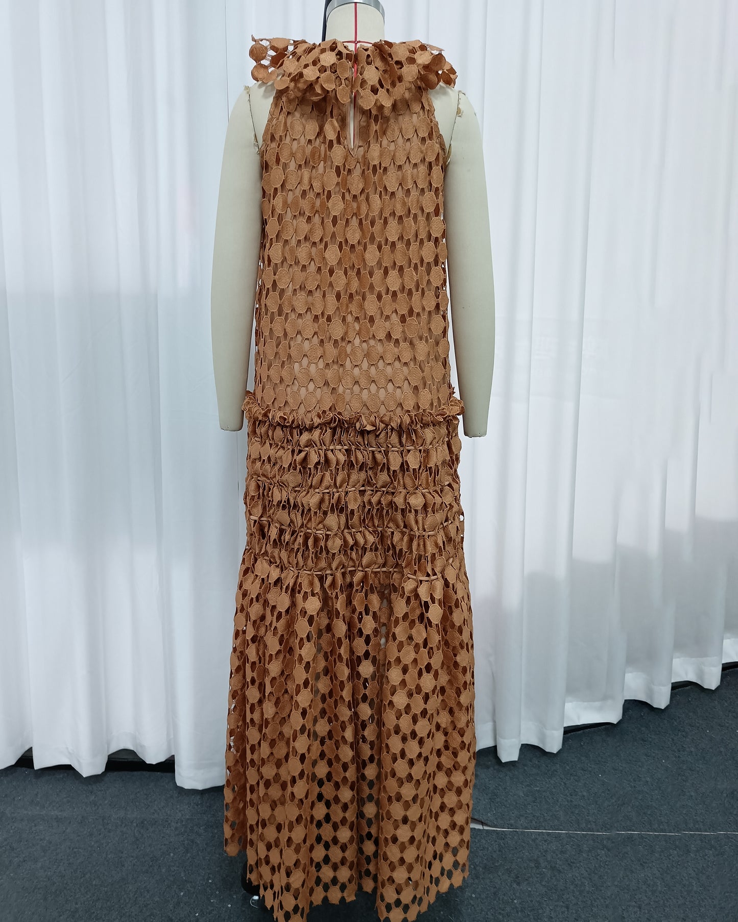 Orange Floral Neckline Crochet Tiered Maxi Dress