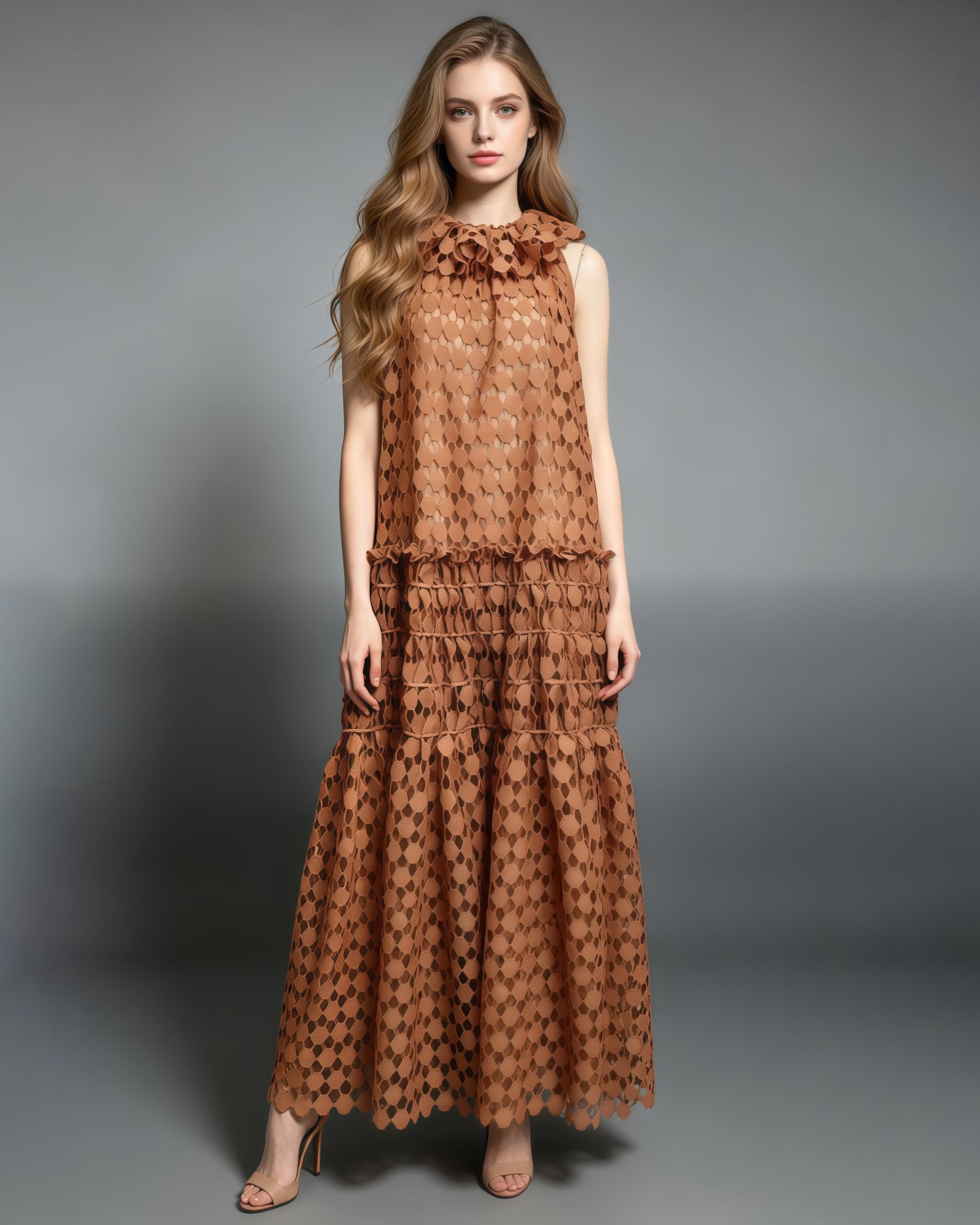 Orange Floral Neckline Crochet Tiered Maxi Dress