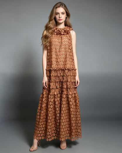 Orange Floral Neckline Crochet Tiered Maxi Dress