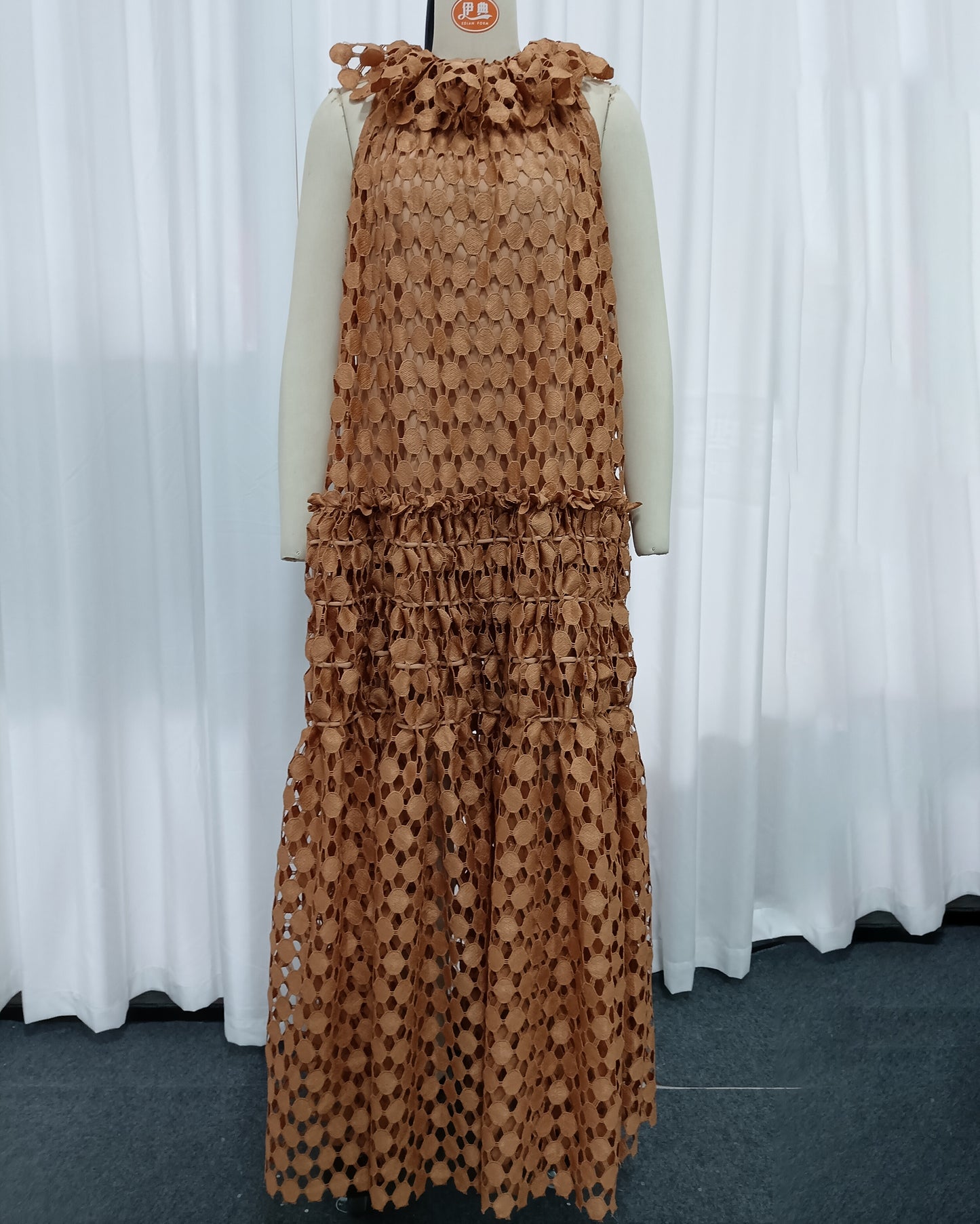 Orange Floral Neckline Crochet Tiered Maxi Dress