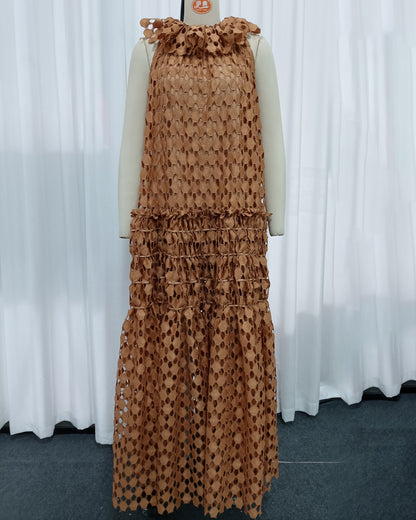 Orange Floral Neckline Crochet Tiered Maxi Dress
