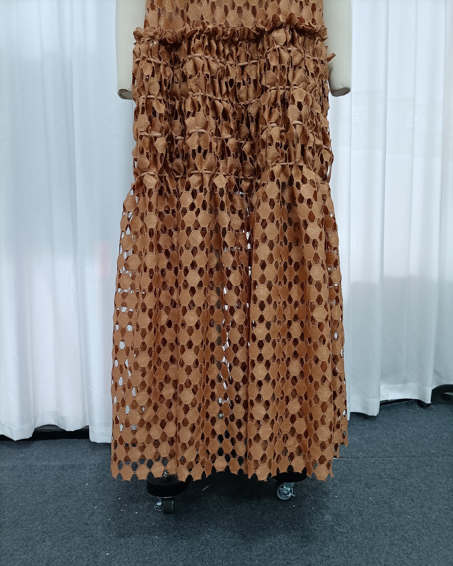 Orange Floral Neckline Crochet Tiered Maxi Dress