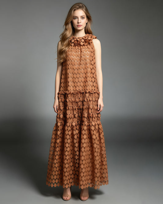 Orange Floral Neckline Crochet Tiered Maxi Dress