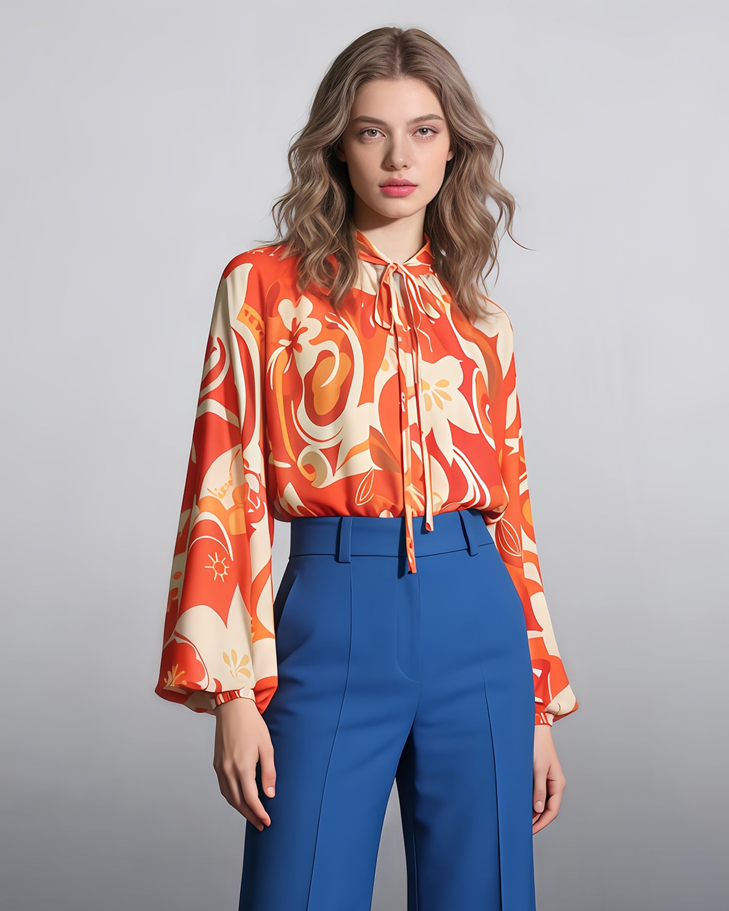 Orange Floral Print Tie-Neck Bell-Sleeve Blouse