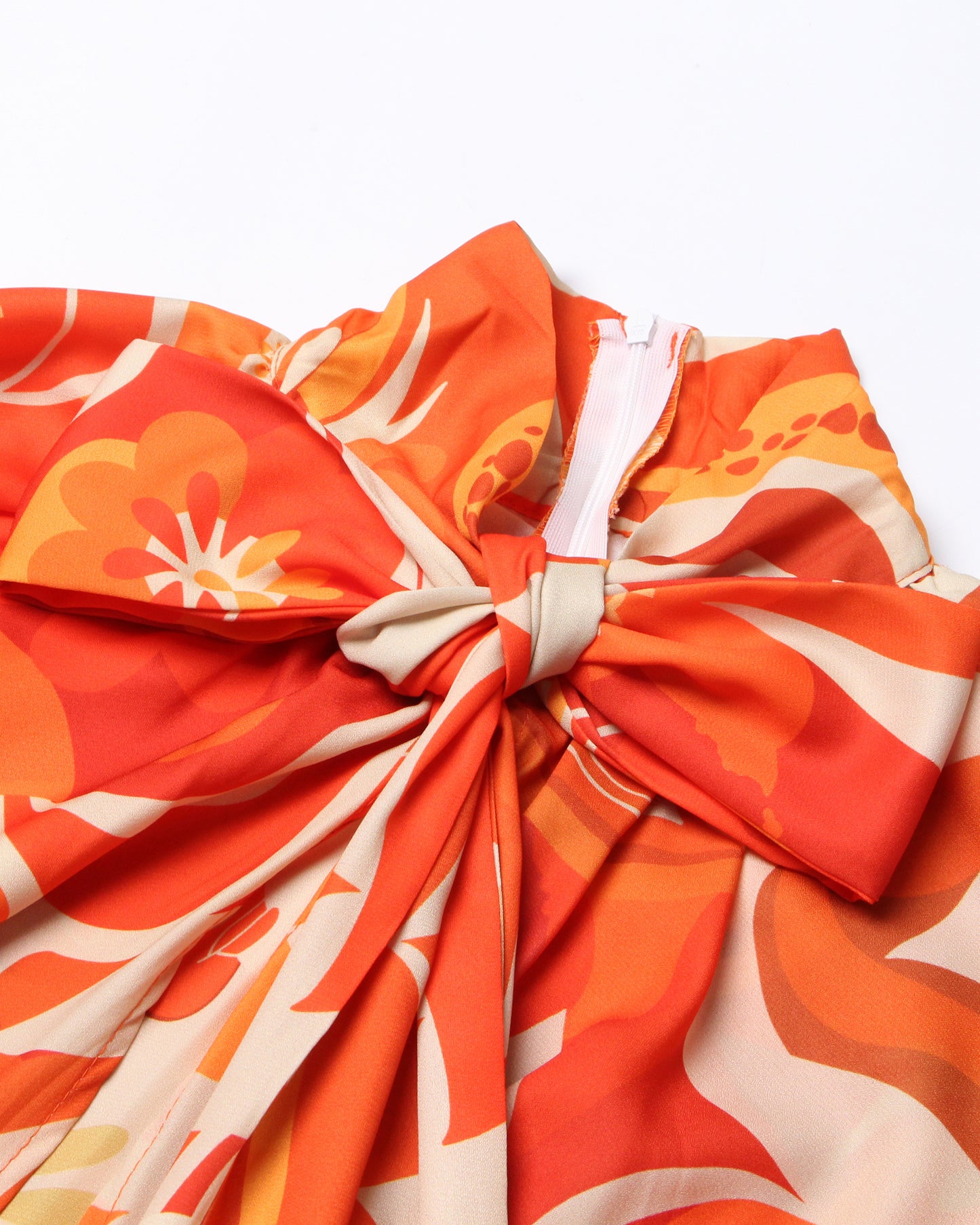 Orange Floral Print Tie-Neck Bell-Sleeve Blouse