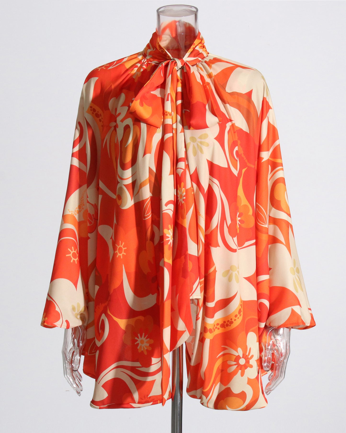 Orange Floral Print Tie-Neck Bell-Sleeve Blouse