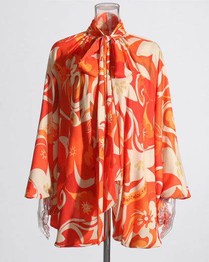 Orange Floral Print Tie-Neck Bell-Sleeve Blouse