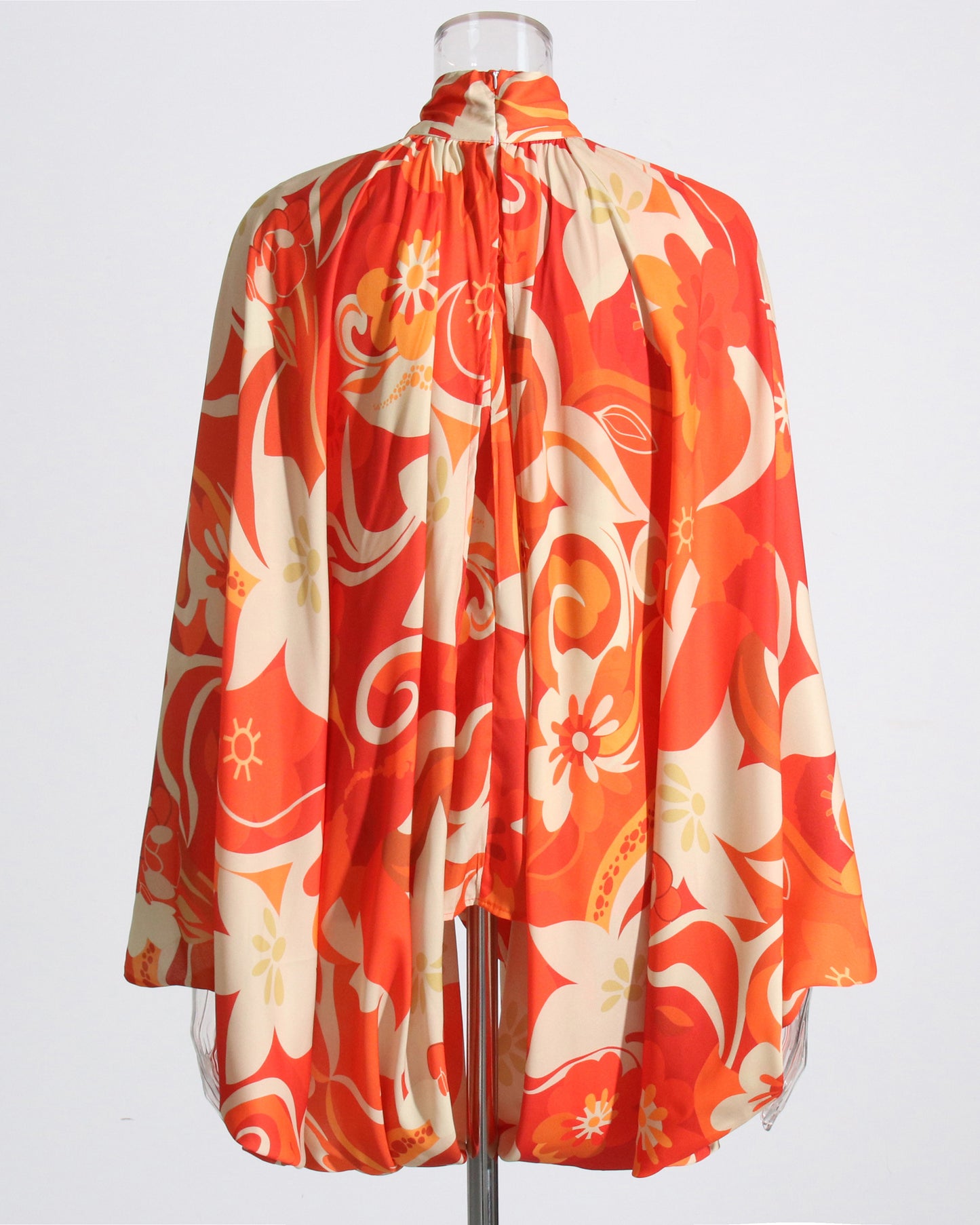 Orange Floral Print Tie-Neck Bell-Sleeve Blouse