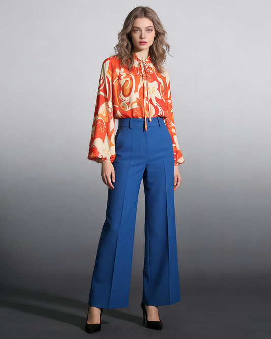 Orange Floral Print Tie-Neck Bell-Sleeve Blouse