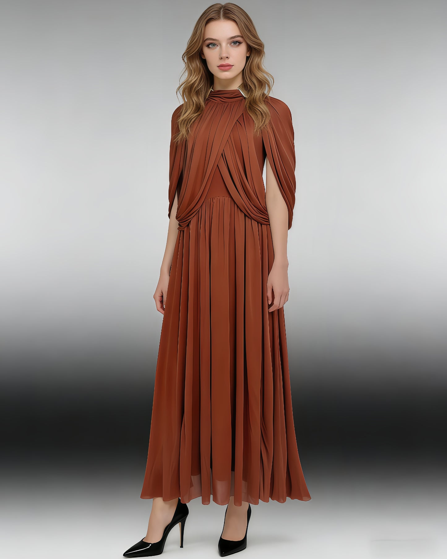 Orange High Neck Draped Maxi Dress
