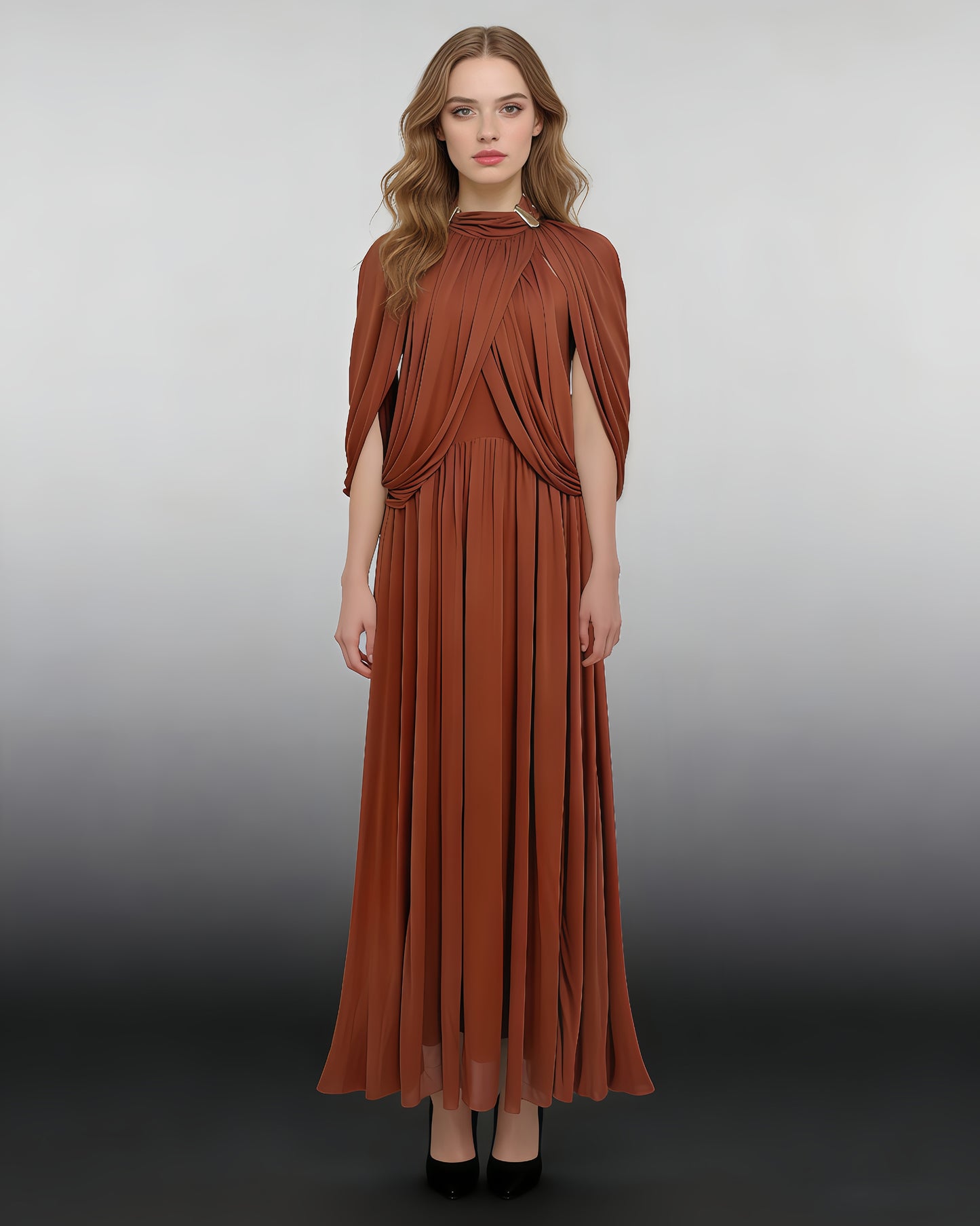 Orange High Neck Draped Maxi Dress