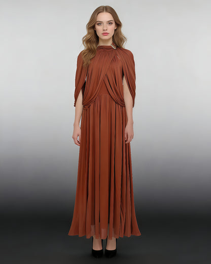 Orange High Neck Draped Maxi Dress