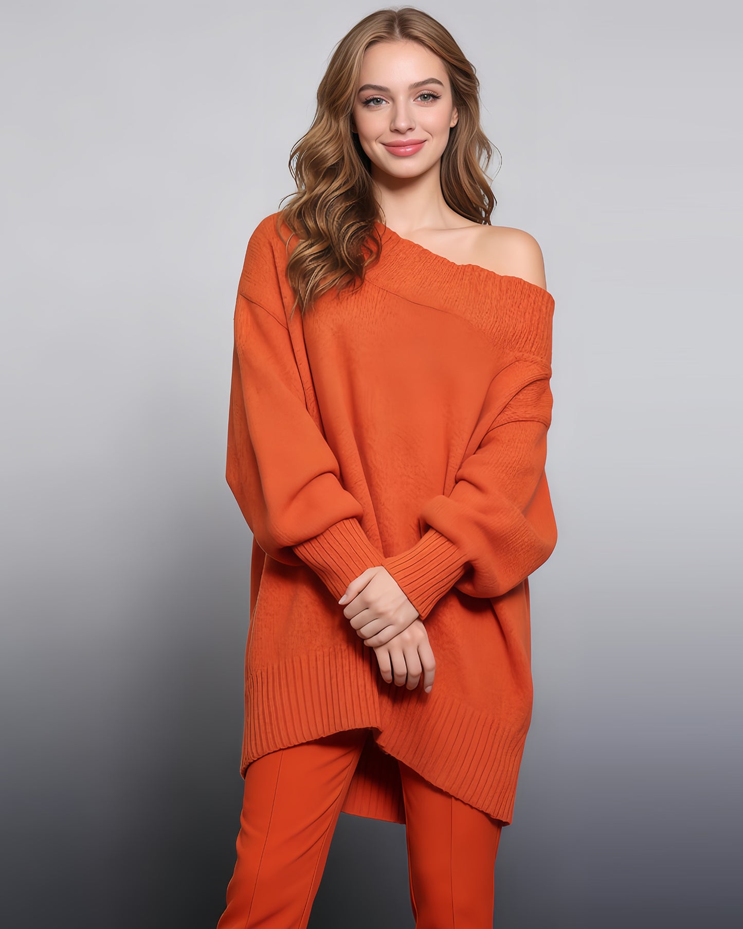 Orange Off-Shoulder Oversized Knit Sweater