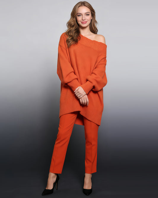 Orange Off-Shoulder Oversized Knit Sweater