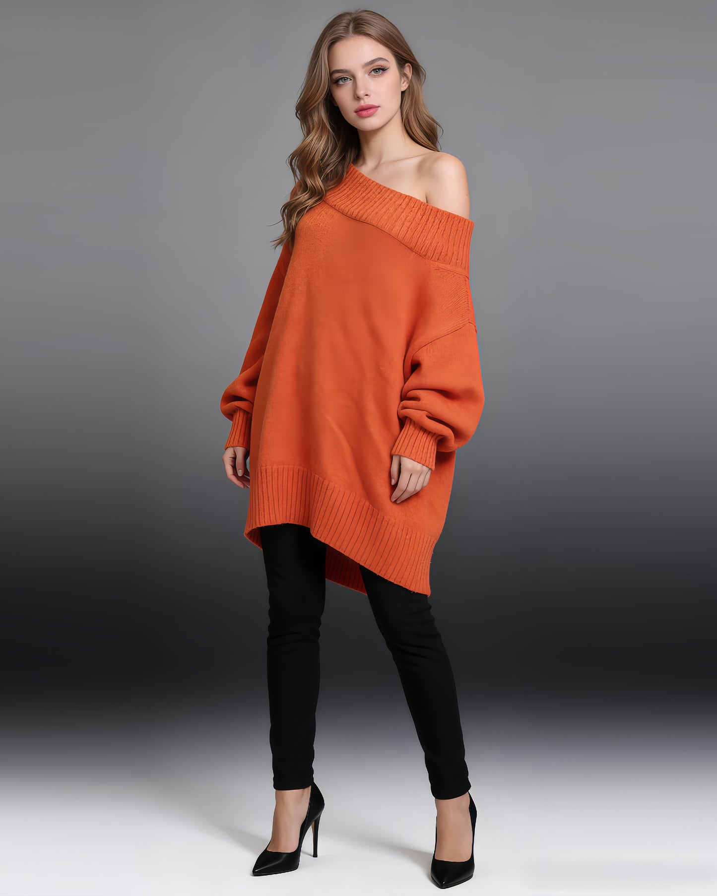 Orange Off-Shoulder Oversized Knit Sweater