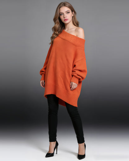 Orange Off-Shoulder Oversized Knit Sweater