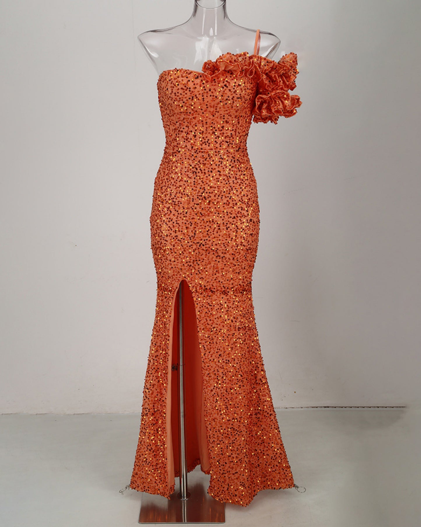 Orange Sequin Off Shoulder Mermaid Evening Gown