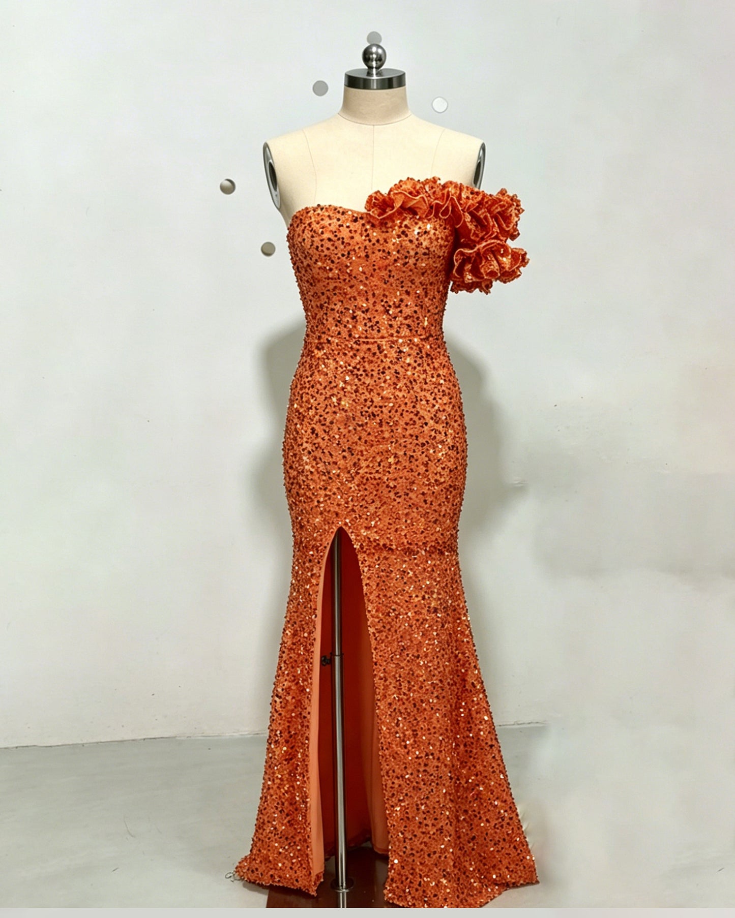 Orange Sequin Off Shoulder Mermaid Evening Gown