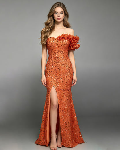 Orange Sequin Off Shoulder Mermaid Evening Gown