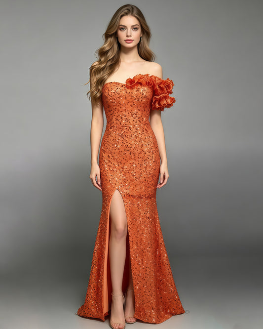 Orange Sequin Off Shoulder Mermaid Evening Gown