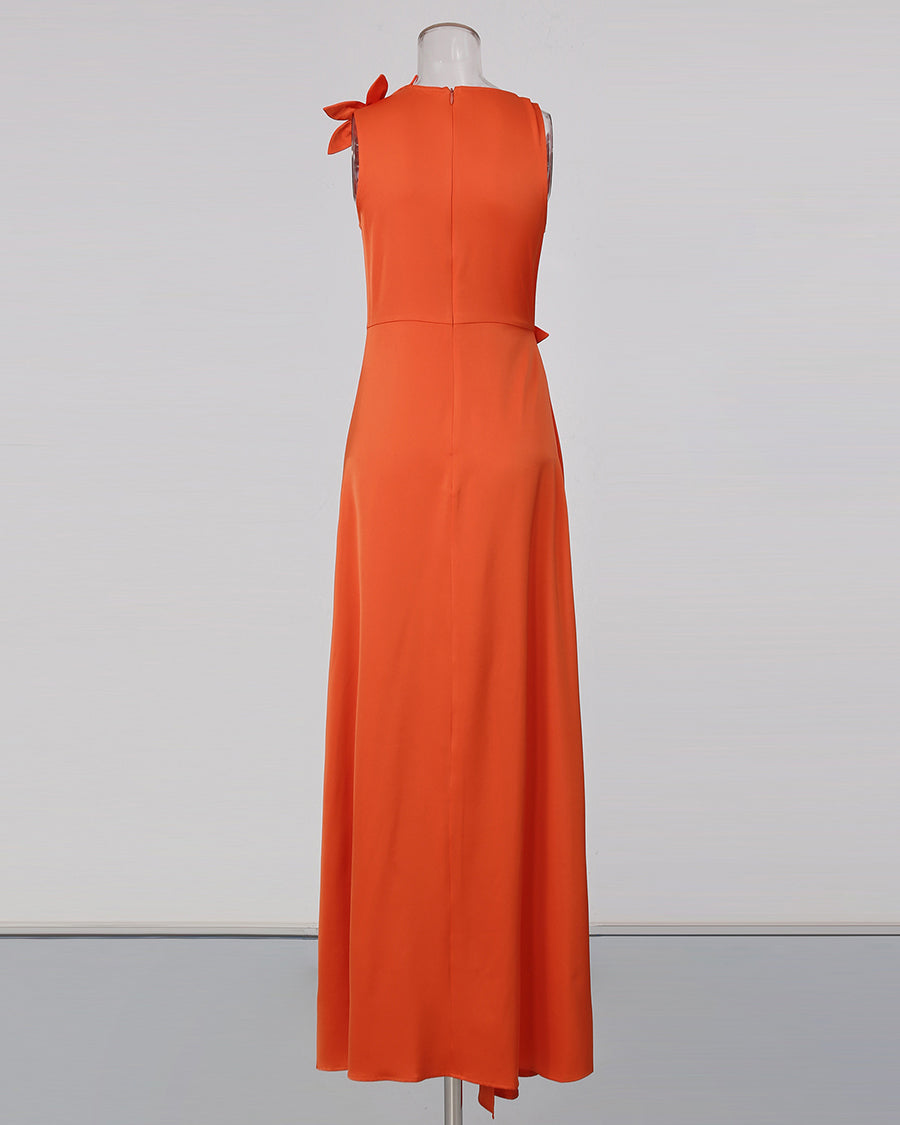 Orange Sleeveless 3D Flower Cutout Ruched Dress