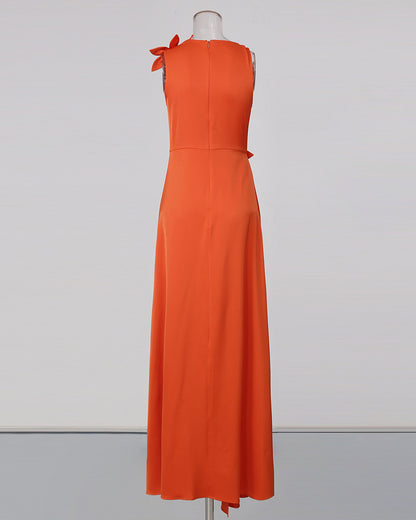 Orange Sleeveless 3D Flower Cutout Ruched Dress