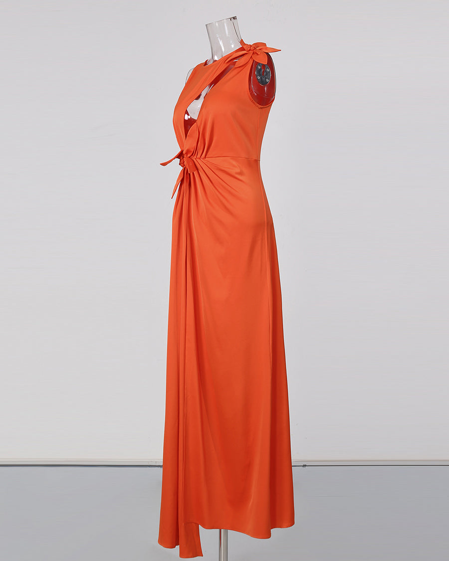 Orange Sleeveless 3D Flower Cutout Ruched Dress