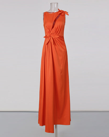 Orange Sleeveless 3D Flower Cutout Ruched Dress