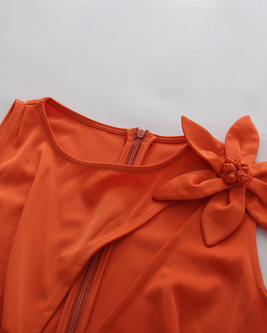 Orange Sleeveless 3D Flower Cutout Ruched Dress