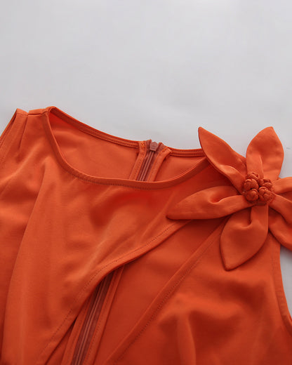 Orange Sleeveless 3D Flower Cutout Ruched Dress