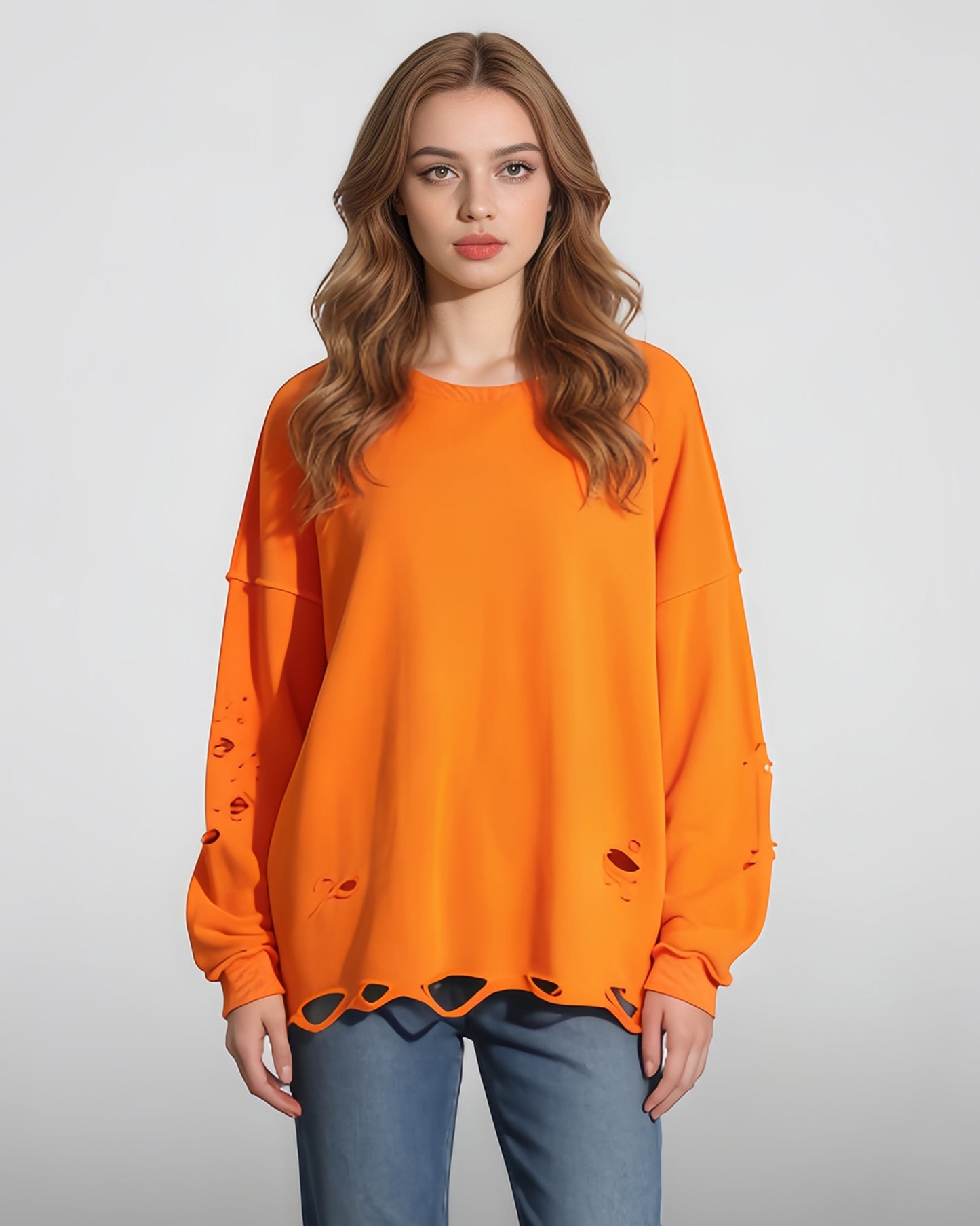 Orange Distressed Oversized Crewneck Sweatshirt