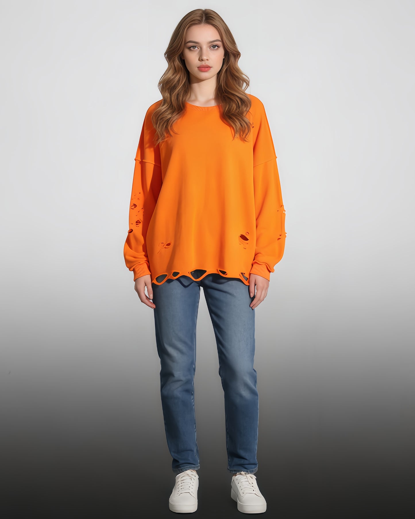 Orange Distressed Oversized Crewneck Sweatshirt