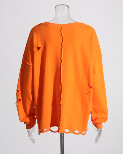 Orange Distressed Oversized Crewneck Sweatshirt