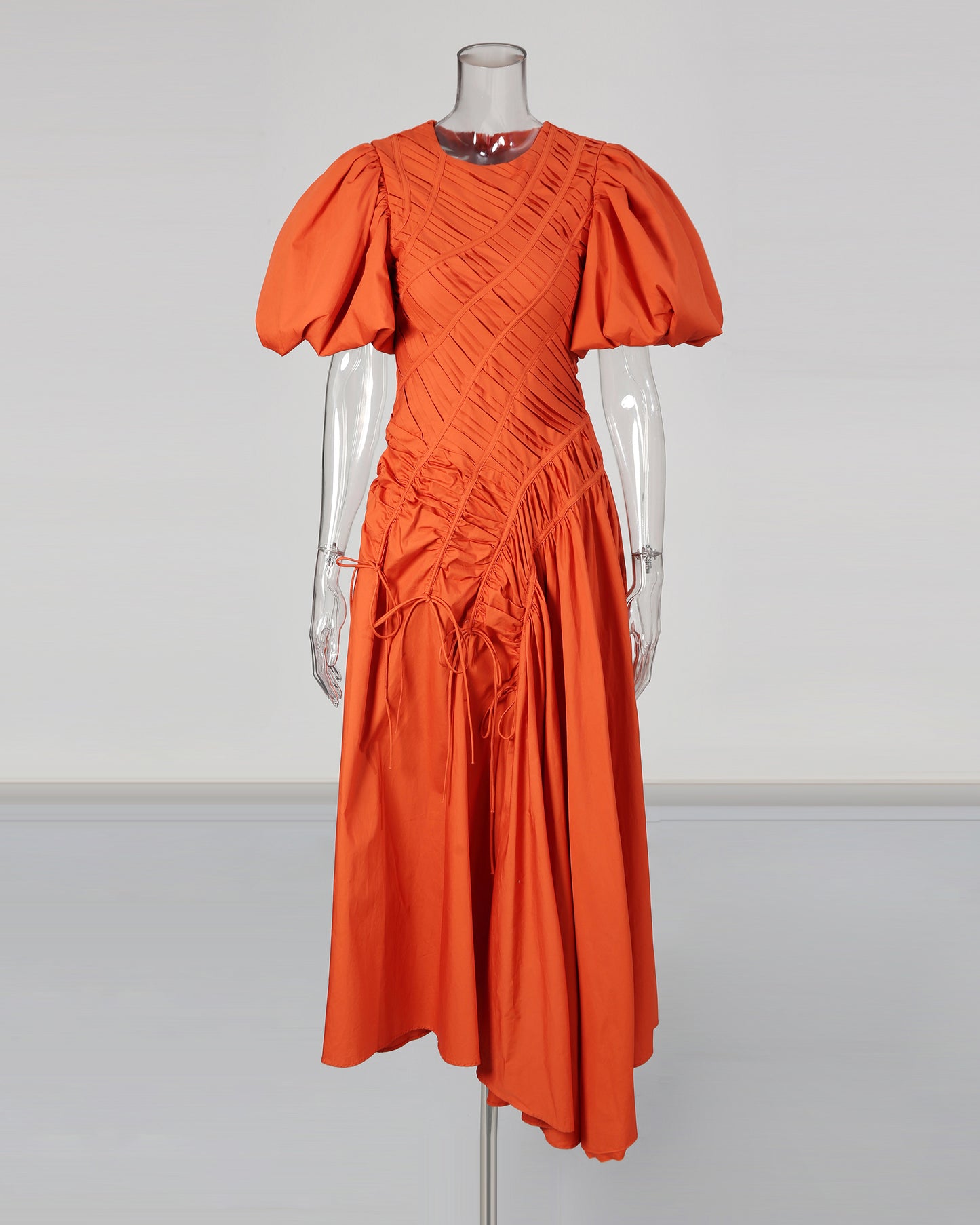 Orange Puff Sleeve Ruched Midi Dress