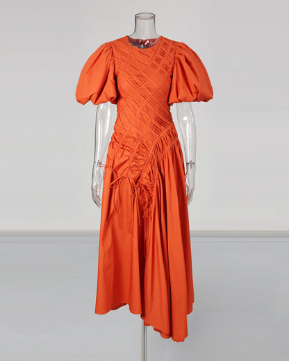 Orange Puff Sleeve Ruched Midi Dress